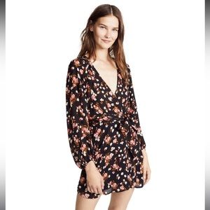 ALC Carlo Black Floral Silk Wrap Long Sleeve Mini Dress